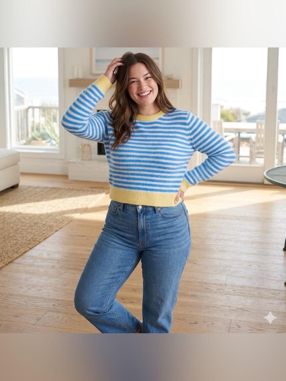 Gap CashSoft Striped Faux Mohair Crewneck Sweater with Yellow Trim L